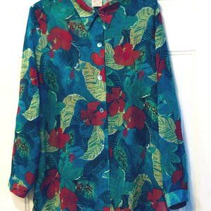 Vintage Amy Jess Sz L Women's Sheer Blouse Shirt Long Sleeve Multicolor Floral